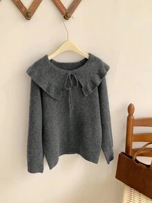 DAZY Women's Korean Style Ruffle Collar Bowknot Long Sleeve Casual Sweater, Autumn/Winter - Grey - View 7