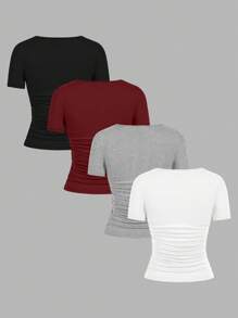 SHEIN EZwear Set de 4 camisetas de manga corta de cuello redondo de unicolor minimalista casual en negro, burdeos, gris y blanco, adecuadas para primavera/verano
