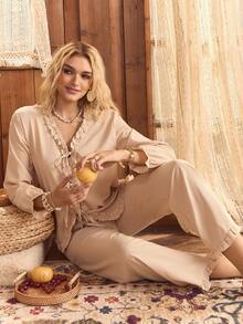 女士波西米亚风休闲舒适荷叶边领带睡衣套装，秋季服装 - 杏色 - 查看 1