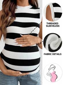SHEIN 孕妇条纹圆领无袖休闲针织上衣 - 黑與白 - 查看 1