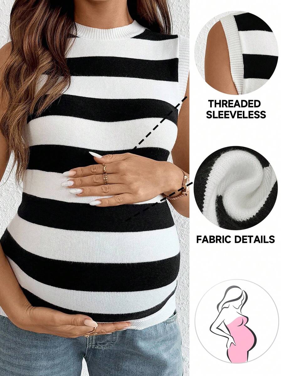 SHEIN 孕妇条纹圆领无袖休闲针织上衣 - 黑與白 - 查看 1