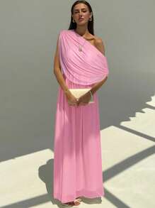 Aloruh New Draped Shoulder Ruched Decor Slim Fit Extra Long Flowy Maxi Party Vacation Versatile Lightweight Dress - Baby Pink - View 3