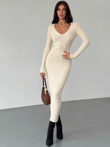 Aloruh Apricot Minimalist Commuter Deep V Neck Long Sleeve Bodycon Dress For Women Autumn Winter Clothes For Women - Apricot - View 5