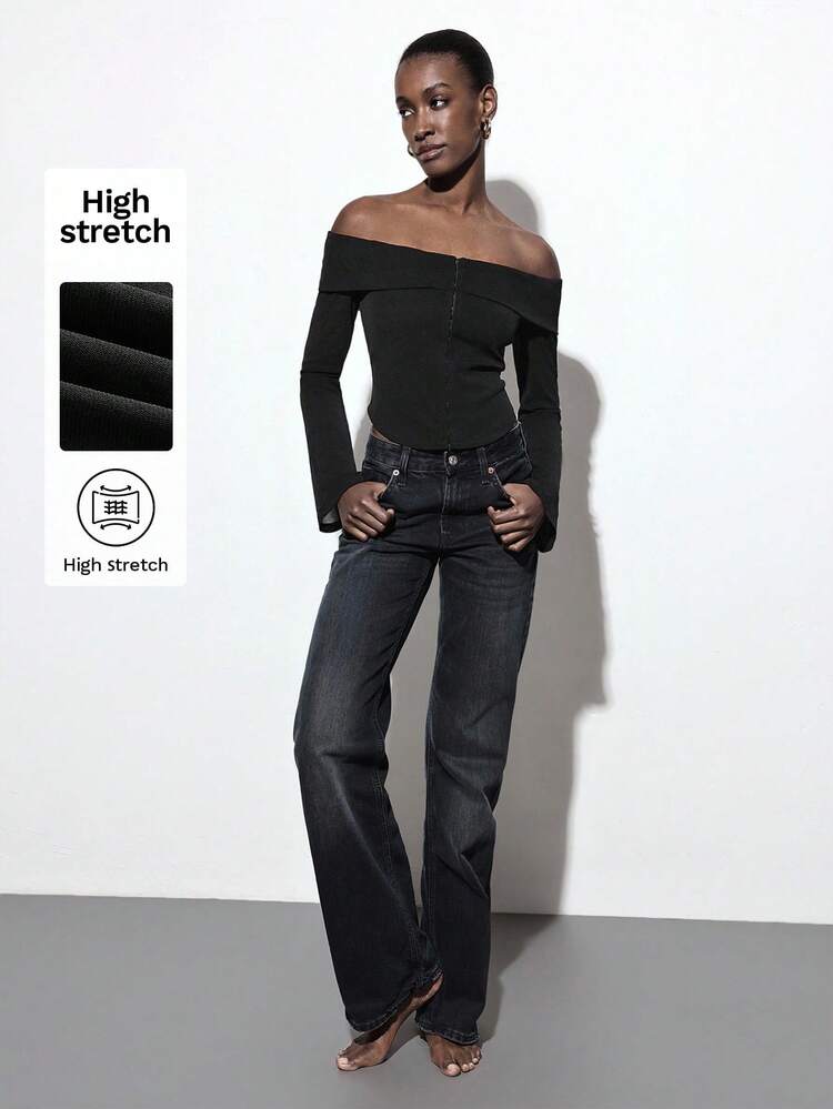 SHEIN Maija Women's Spring Off Shoulder Button Front Fitted Flare Sleeve Blouse