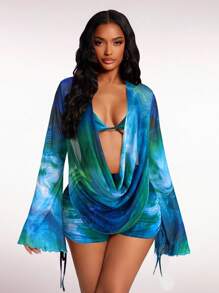 Radiana Women's Summer Sexy Sheer Mesh Marble Tie-Dye Floral Print Casual Vacation Outfit - Backless Long Sleeve Draped Neck Cover Up + Spaghetti Strap Bra Top + Drawstring Ruched Shorts 3-Piece Set, Island Holiday Beach Wear, Bikini Cover Up