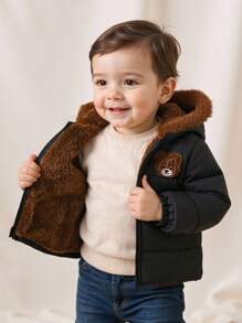 SHEIN 1pc Baby Boys And Girls Unisex Black Casual Cute Bear Embroidered 3D Ear Hoodie Zip-Up Long Sleeve Quilted Thick Fleece Padded Coat, Bear Embroidery On Chest, Loose Fit Comfortable, Suitable For Outdoor, Casual, Home, 6M-3T Baby Boy Hooded Jacket Bear Ear Jacket Baby Boy Winter Jacket Baby Bear Jacket Baby Boy Winter Coat Baby Boy Coats Winter Coats Baby Boy Coat With Hood Baby Boy Winter Coat Fall - Black - View 8