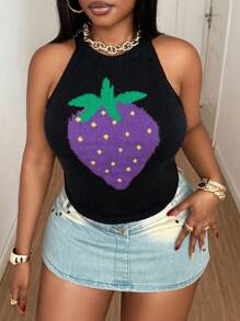 Maweii Plus Size Women's Black Strawberry Pattern Sweater Vest,Cute Everyday Summer Sleeveless Knit,Slim Elegant College Style Vest,Halloween - Multicolor - View 5