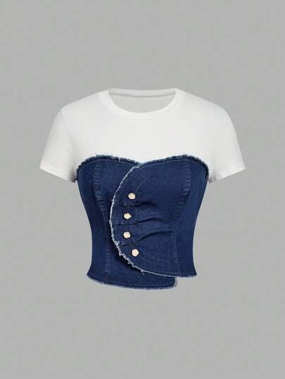 SHEIN MOD 女式休闲大码牛仔拼布圆领短袖上衣