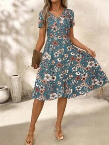SHEIN Clasi V-Neck Button Red Floral Print Waist Cinched Women Dress,Spring Dress,Valentine Day Dress,Casual - Dusty Blue - View 6