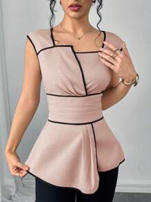 SHEIN Clasi Áo cánh thời trang thiết kế nhún bèo viền bất đối xứng dành cho nữ - Hồng - Xem 4