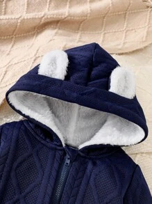 SHEIN Babyboy Navy And White Jumpsuit, Autumn Cute Hooded Plush Ear Design Navy Blue Winter Clothes For Newborn, Home Wear Casual Cozy Fleece Romper Fall - Multicolor - View 5