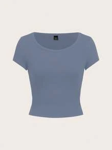 SHEIN EZwear 休閒簡約霧藍色圓領短袖黑色修身女款T恤，適合夏季 - 霧霾藍 - 查看 2