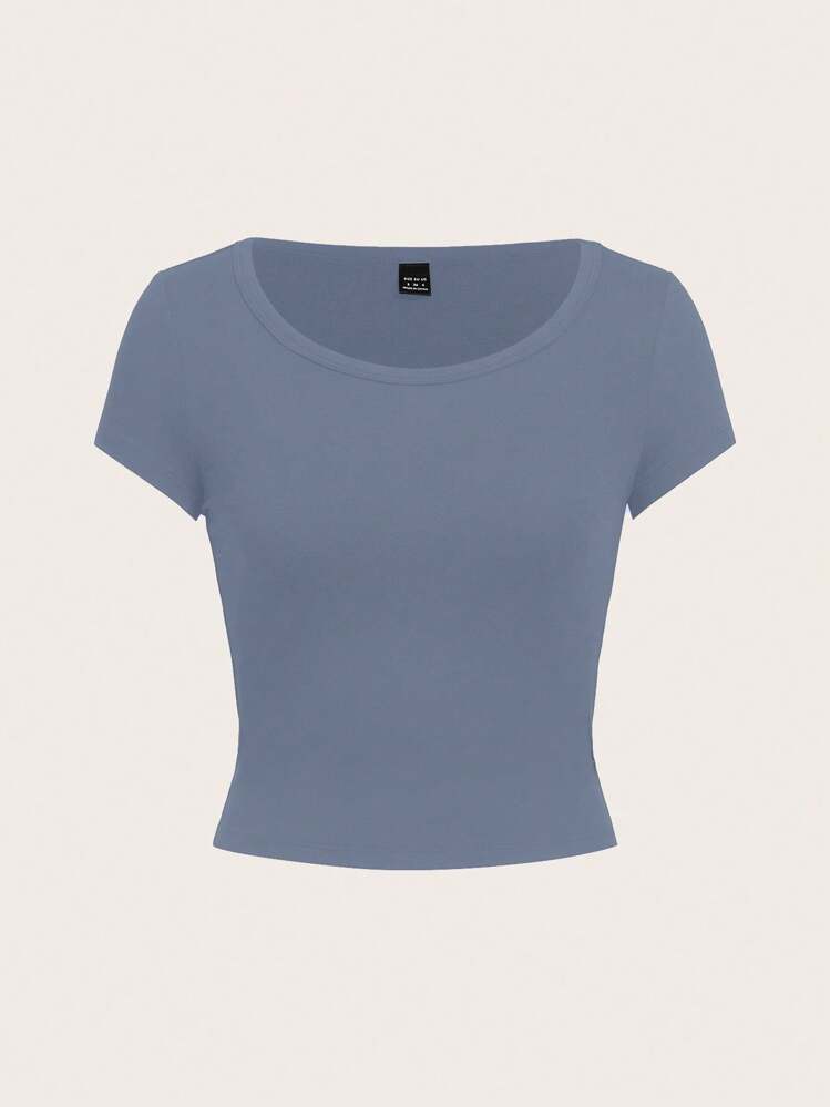 SHEIN EZwear Camiseta ajustada de mujer de cuello redondo, manga raglán y color azul neblina, estilo minimalista casual, adecuada para el verano - Neblina azul - Añade 2