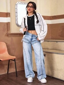 SHEIN PETITE 女式铆钉口袋宽腿宽松休闲牛仔裤 - 藍色 - 查看 5