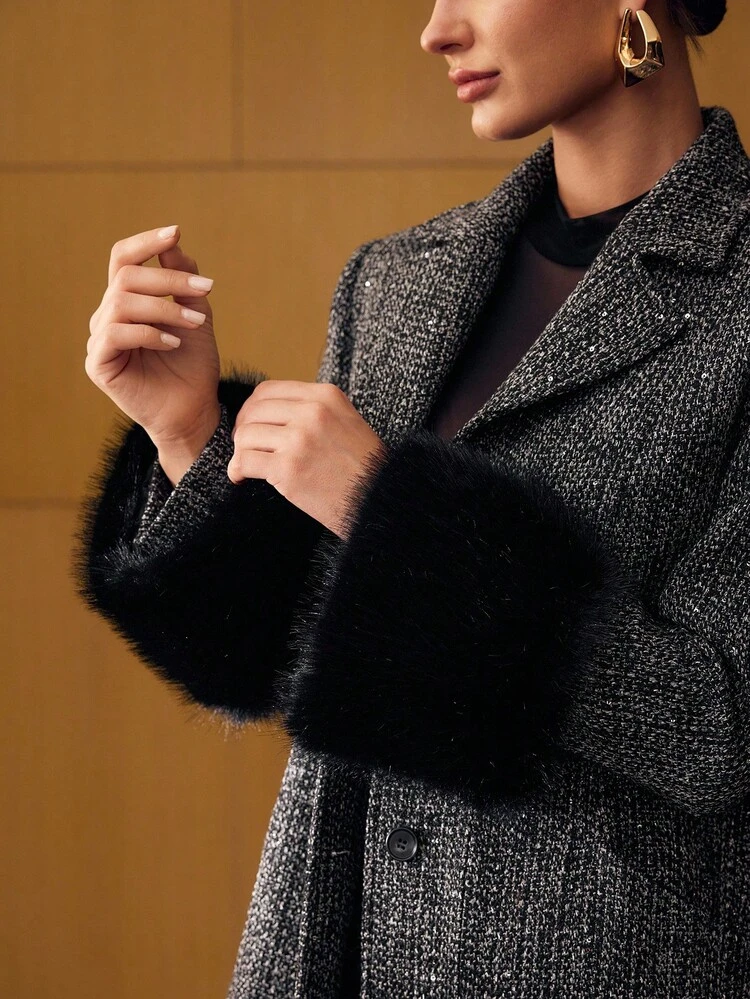 BELTED CONTRAST FAUX FUR OVERCOAT