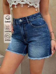 EURMUSE Summer Casual Washed Denim Frayed Hem Shorts - Medium Wash - View 4