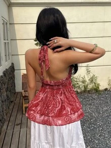 Sunnyshic Camiseta sin espalda con cuello de halter, lazo y estampado de paisley de malla, para vacaciones de verano de mujer - Rojo - Ver 2