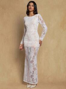 Glamine Nuevo vestido maxi de mujer de manga larga, ajustado, con espalda descubierta, abertura en el bajo, encaje tejido, sexy y elegante, para las cuatro estaciones, vestido de dama de honor, vestido de invitada de boda, vestidos para fiestas de mujeres, atuendos de cumpleaños para mujeres, vestidos elegantes para mujeres, atuendos de vacaciones para mujer, ropa de otoño para mujeres - Blanco - Ver 4