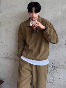 DAZY Men's Autumn Half-Zip Textured Fabric Pullover Sweatshirt & Pants Set - Khaki - View 4