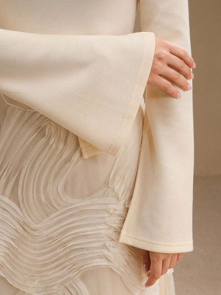 エレガントな肩カットアウト 刺繍ニットパッチワークAラインドレス、バンケット、パーティーに適しています