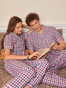 英伦绅士复古男士格子短袖单排扣上衣和裤子睡衣套装 - 彩色 - 查看 1