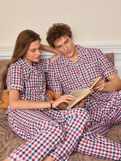 EverLounge 英伦绅士复古男士格子短袖单排扣上衣和裤子睡衣套装