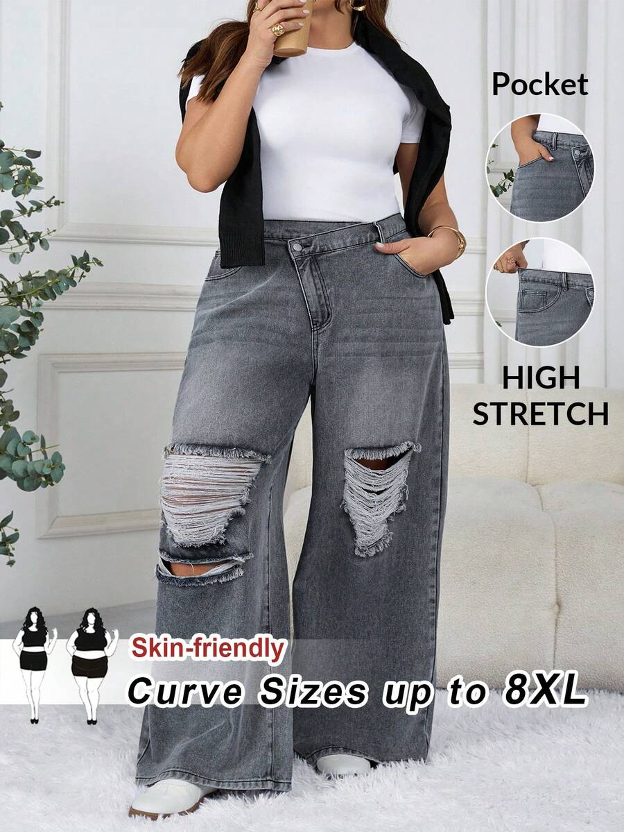 SHEIN CURVE+ Jeans larghi con tasche asimmetriche in vita e effetto vissuto per taglie comode da donna - Grigio - Visualizzare 1
