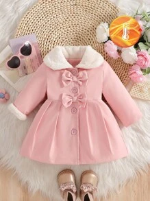 SHEIN 女婴毛领蝴蝶结装饰风衣，秋冬 - 淺粉色 - 查看 6