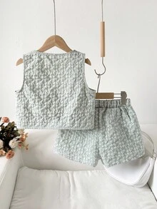 Tween Girl Casual Jacquard Bowknot Strap Tank Top And Shorts 2 Pieces Set - Mint Green - View 6