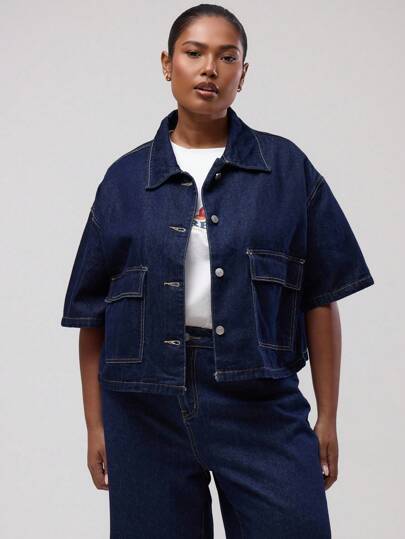 MUSERA Áo sơ mi denim tay ngắn cỡ lớn cài nút cổ bẻ màu tối dễ thương cho kỳ nghỉ hè thanh lịch, trang trại lãng mạn