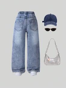 Young Girls Y2K Style New Fashion Loose Fit Heart Embroidered Washed Light Blue Straight Wide Leg Jeans, Casual Daily Versatile Girls Denim Pants - Light Wash - View 3