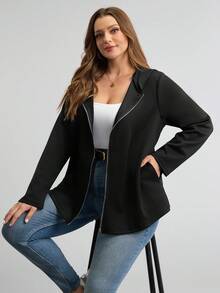 Comfylo 大码女式冬季外套，大码秋季休闲黑色外套，万圣节服装，女式冬季拉链连帽外套，带口袋，飞行员夹克，女式黑色外套，口袋设计，适合秋冬季外出穿着，秋季百搭。 - 黑色 - 查看 7