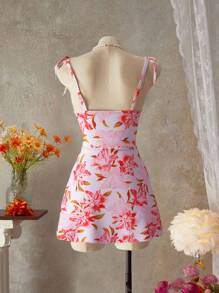 SHEIN Swim Maiô feminino de uma peça com estampa de alças finas e laço frontal com cordão