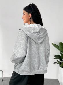 SHEIN EZwear Áo nỉ dài tay có mũ dành cho nữ cỡ lớn, kiểu dáng thường ngày, thích hợp cho mùa thu đông. - Xám - Xem 2