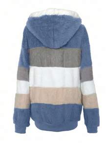 INAWLY Plus Size Women Loose Casual Fluffy Color Block Hooded Jacket, Autumn/Winter Fall - Blue - View 2