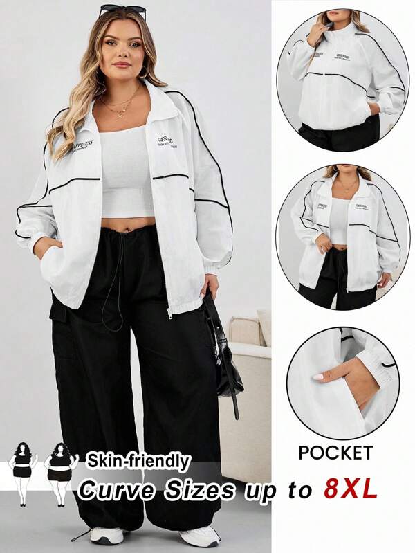SHEIN CURVE+ Plus Size Women's White Casual Sports Fashionable Jacketfall Clothes For Women,Winter,CURVE PLUS