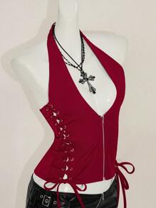 SHEIN ICON 夏季 Y2K V 领外出演唱会女士演唱会黑色哥特性感索环纯色时尚侧交叉带露背背心，夏季 - 酒紅色 - 查看 7