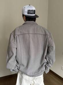 Claim Dot 男士宽松简约设计纯色水洗牛仔夹克，秋季 - 灰色 - 查看 2