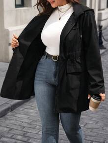 EMERY ROSE Plus Size Solid Color Cinched Waist Zipper Front Long Sleeve Utility Jacket Women Coats Fall Women Clothes ,Fall Clothes For Women Autumn,Spring - Black - View 7