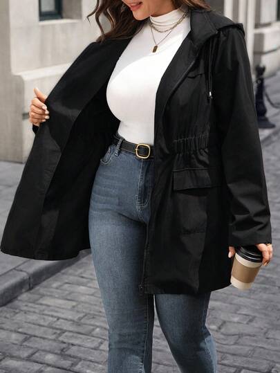 EMERY ROSE Plus Size Solid Color Cinched Waist Zipper Front Long Sleeve Utility Jacket Women Coats Fall Women Clothes ,Fall Clothes For Women Autumn,Spring