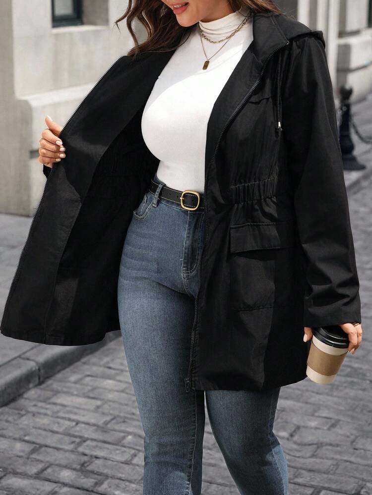 Plus Size Solid Color Cinched Waist Zipper Front Long Sleeve Utility Jacket Women Coats Fall Women Clothes ,Fall Clothes For Women Autumn,Spring