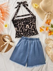 Tween Girls Leopard Print Spaghetti Strap Tank Top & Distressed Denim Shorts Set - Multicolor - View 2