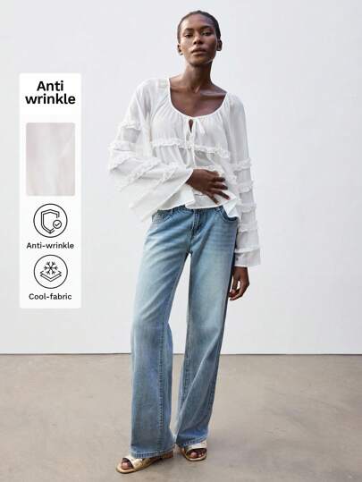 Maija 休闲优雅V领宽松荷叶边喇叭袖白色衬衫，适合春夏季度假、音乐节、派对