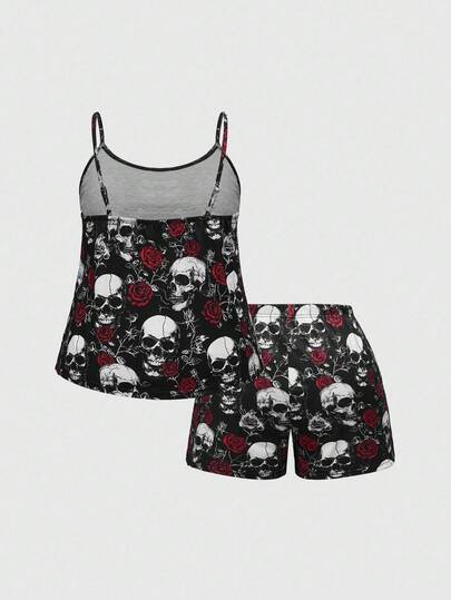 Goth Ensemble pyjama camisole et short à imprimé rose squelette grande taille, vêtements de détente casual
