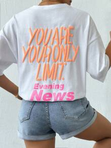 EURMUSE 女士 100% 纯棉标语图案宽松 T 恤