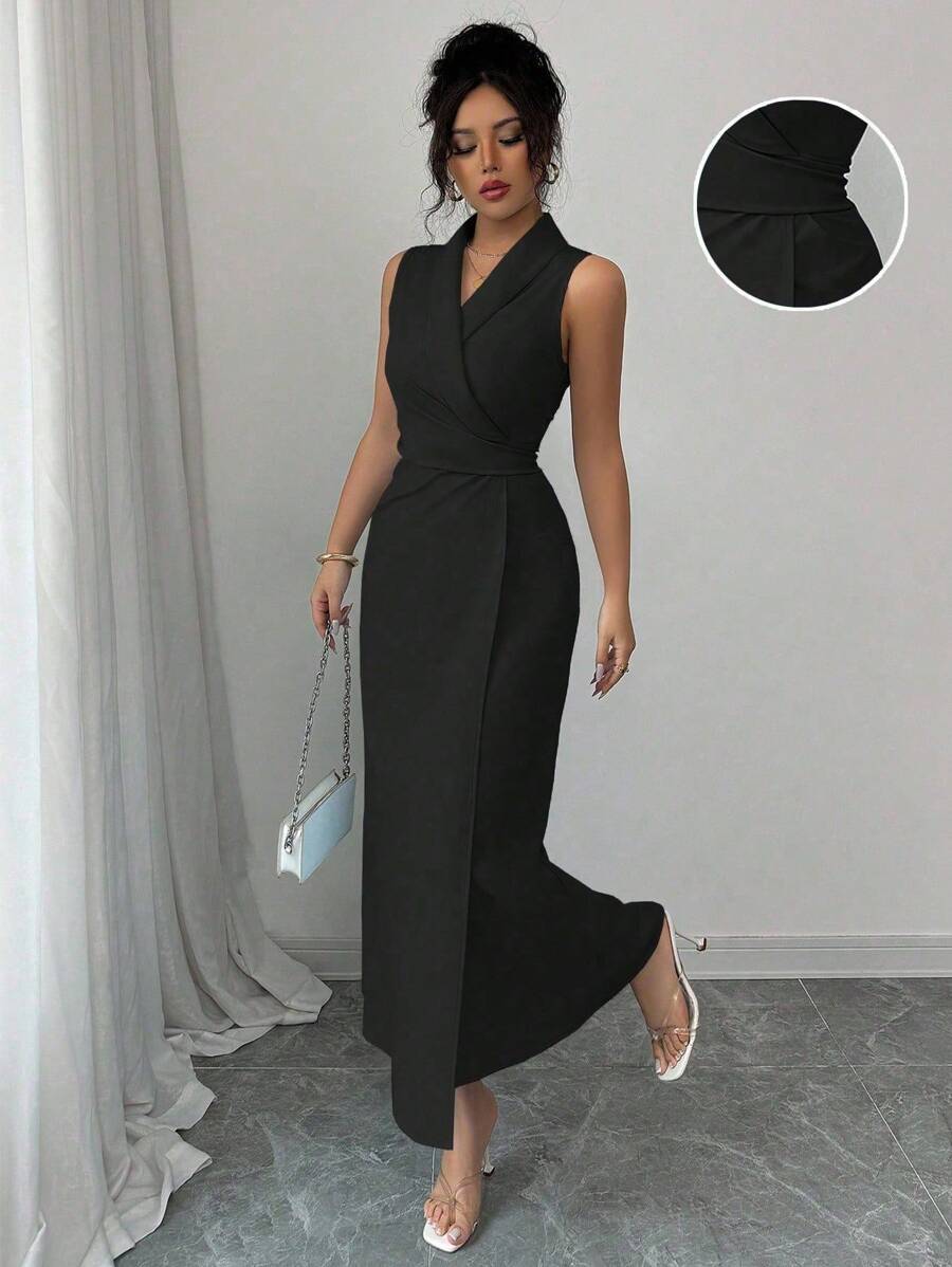 Elenzga 女士夏季优雅纯色无袖连衣裙 - 黑色 - 查看 1