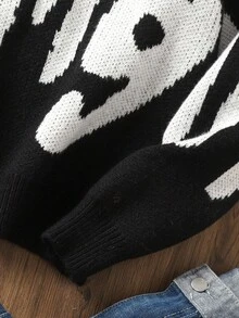 Teen Boy Long Sleeve Sweater, Letter Jacquard Black & White