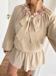 SHEIN Frenchy مجموعة من قطعتين للمرأة ذات الحجم الكبير، ملابس علوية كاجوال طويلة الأكمام وشورت - لون مشمشي - مشاهدة 6
