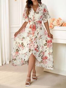 Reflora Curve Plus Size Women's Romantic Casual Daily Lotus Leaf Short Sleeve V-Neck Waist Tie Waist A-Line Ruffle Asymmetrical Hem Printed Long Dress,Floral Dress Women - Pink - View 3