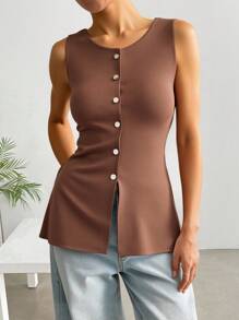 SHEIN EZwear 大码黄色针织无袖上衣，清凉夏日 - 棕色 - 查看 4